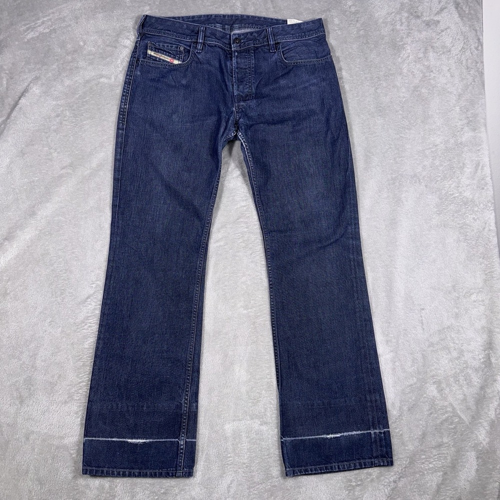 Diesel Jeans mens 34x32 Zatiny Bootcut DarkBlue Denim Button Fly Distressed Hem